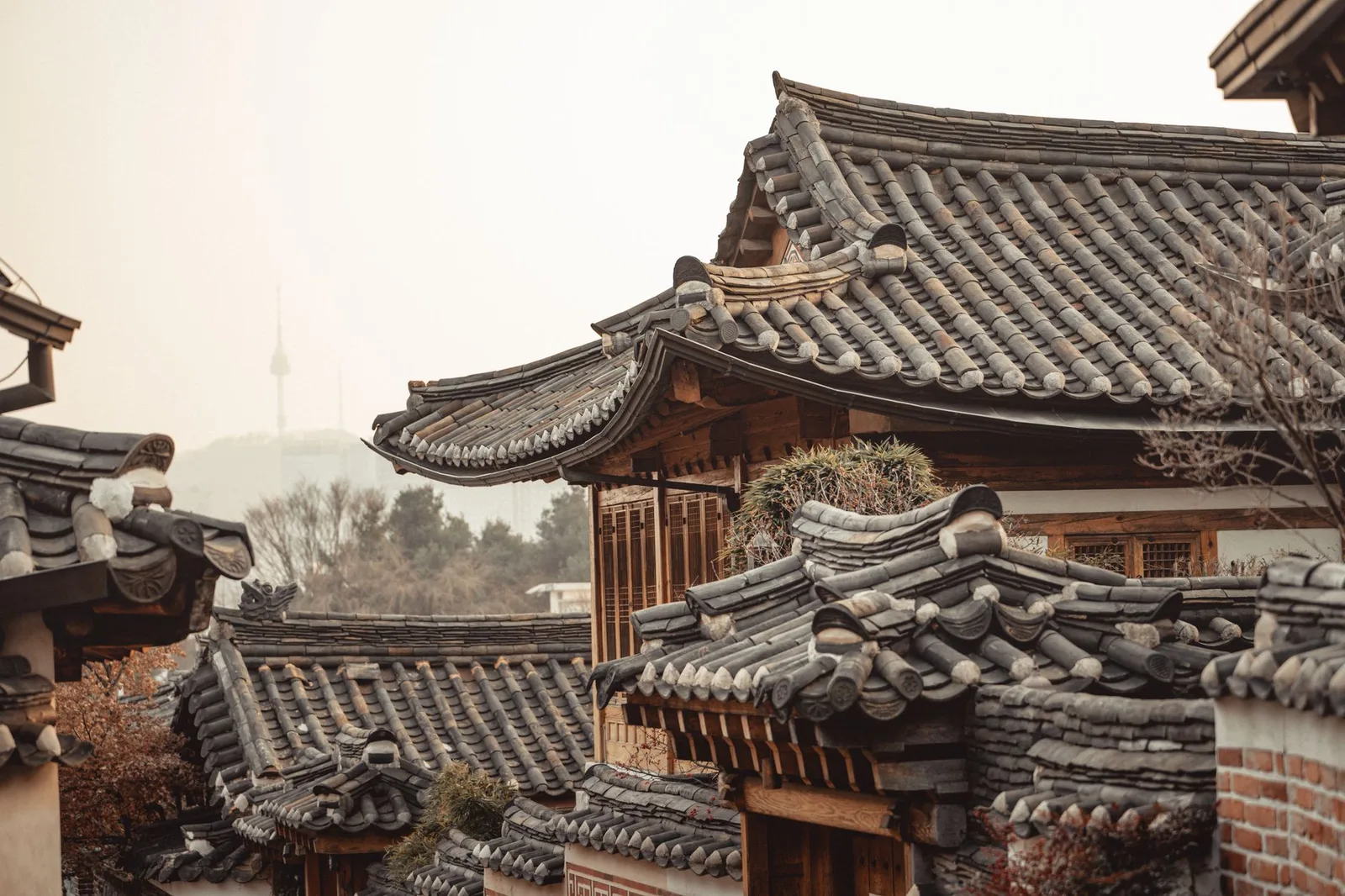 Bukchon Hanok Village rooftops in Seoul at dusk
