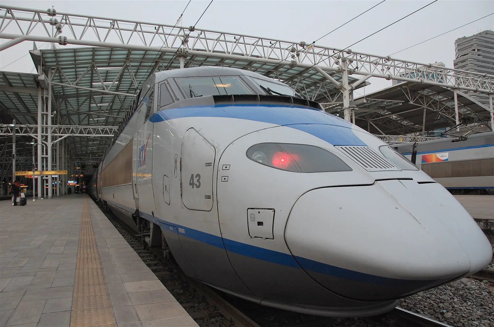 The train the pass buys you: a KTX at Seoul Station. A KTX high-speed train waiting at a platform in Seoul Station