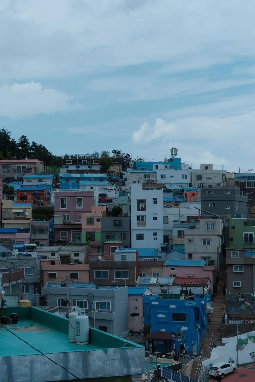 Vibrant hillside view of Gamcheon Culture Village's colorful houses in Busan, South Korea.