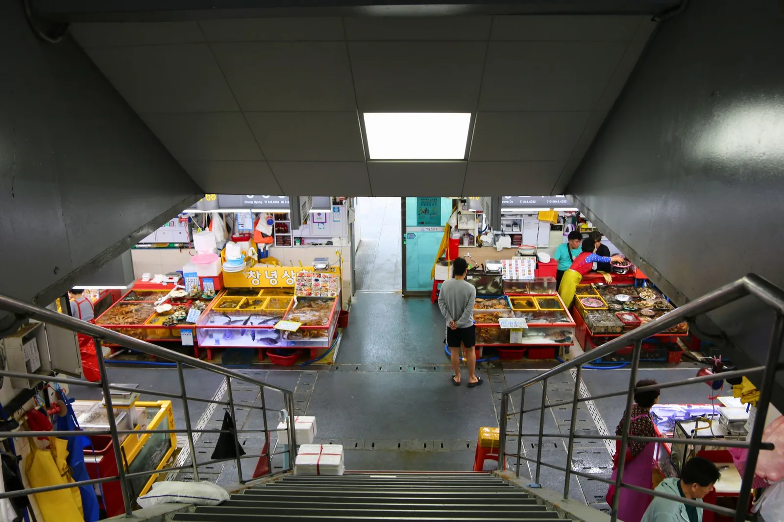 View from staircase of a bustling fish market in Busan, South Korea, showcasing various seafood stalls.