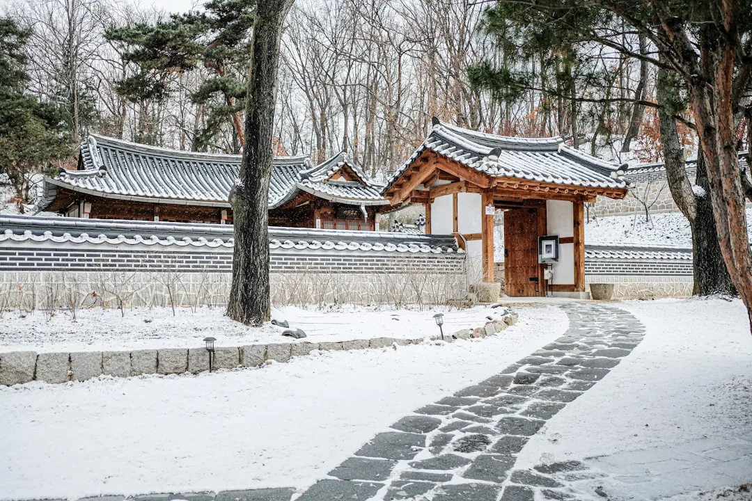 Snow-covered Bukchon Hanok Village rooftops in winter Seoul