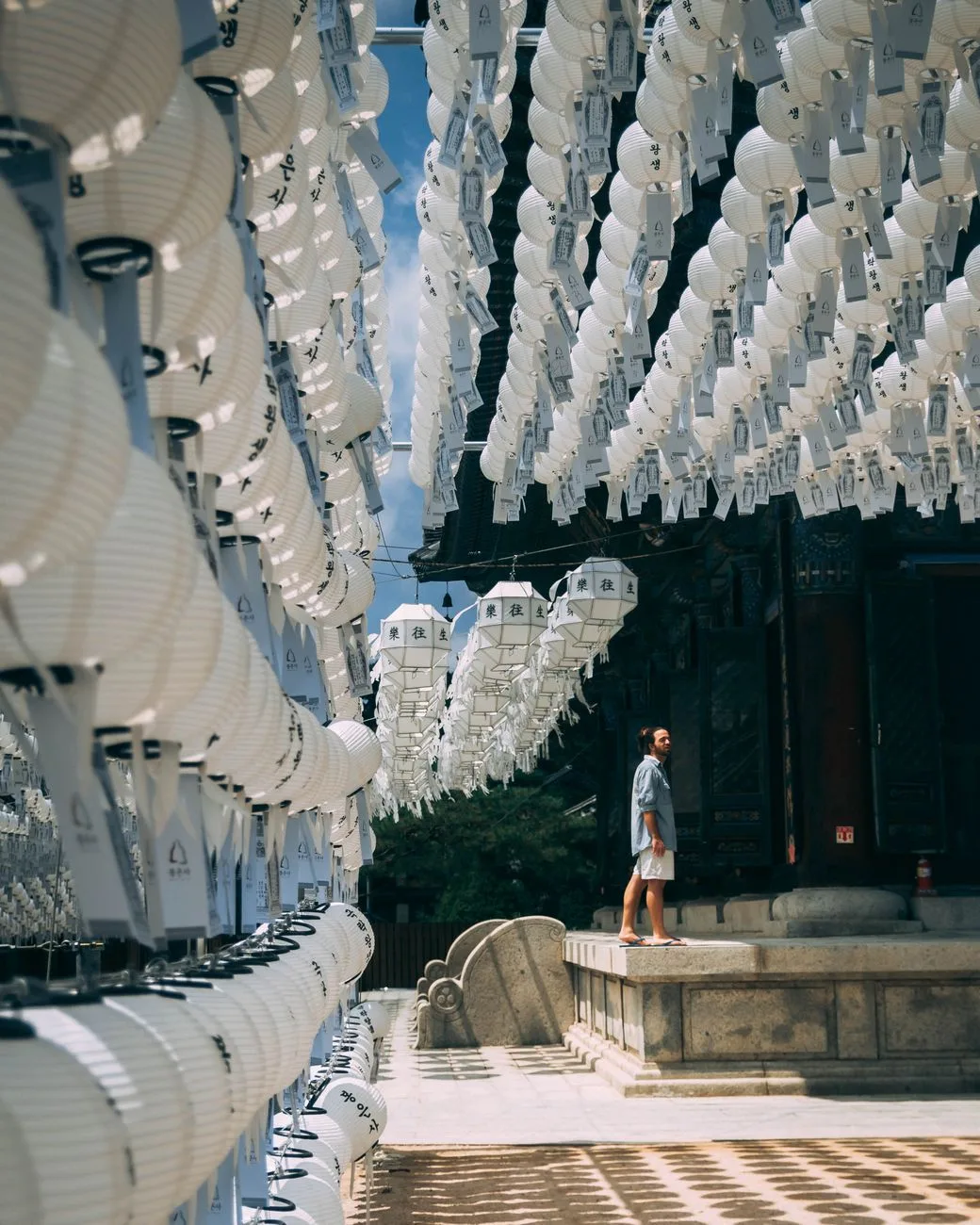 Lanterns at Jogyesa Temple in Seoul with a man standing, depicting spirituality and tradition.