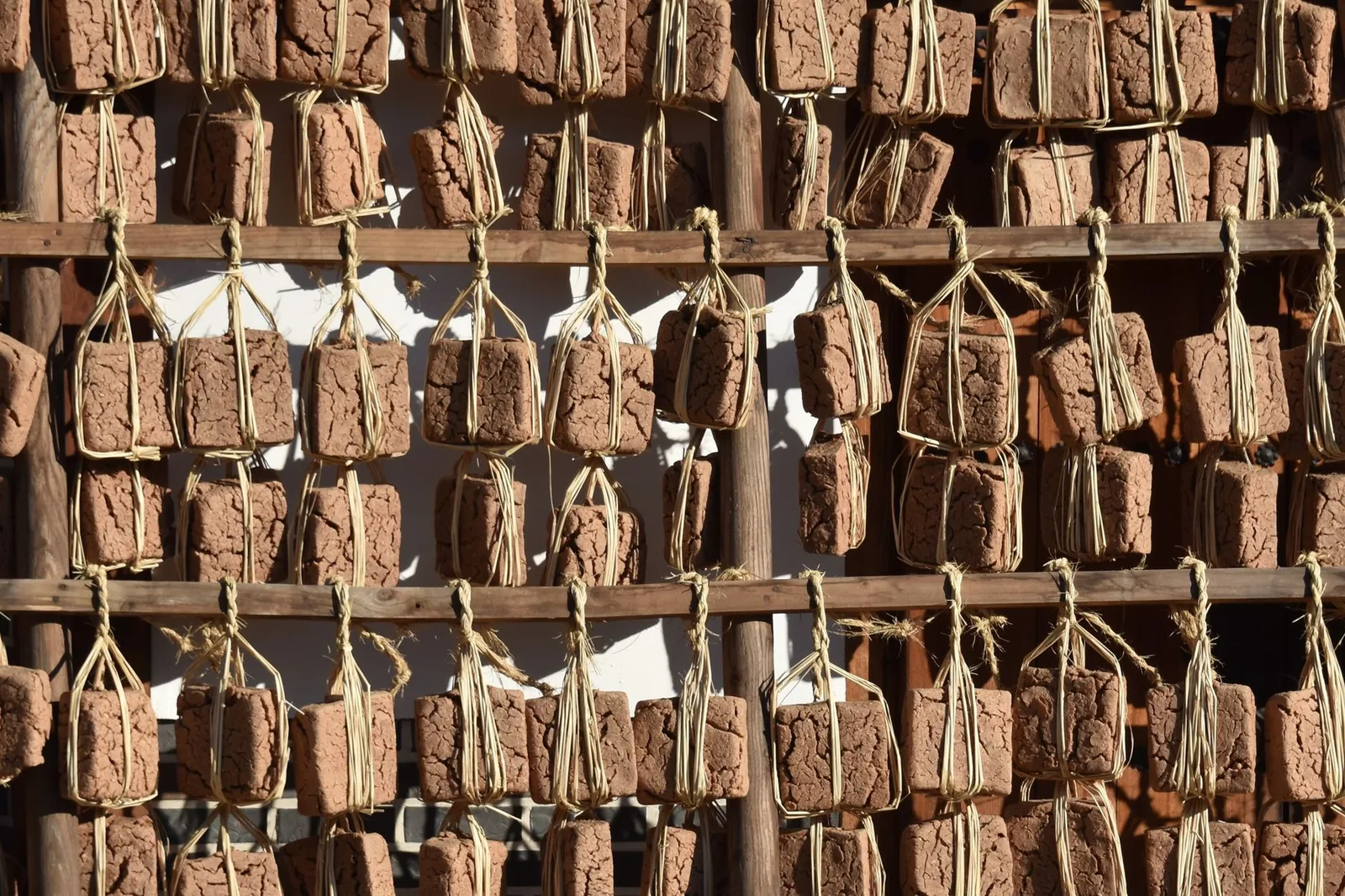 Rows of Korean meju soybean blocks tied with straw and hung to ferment