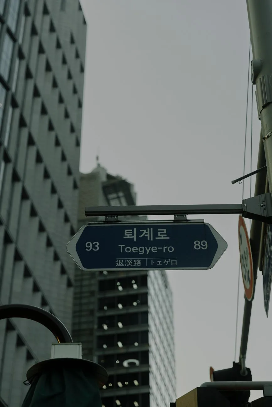 Blue street sign of Toegye-ro in the urban cityscape of Seoul, South Korea.